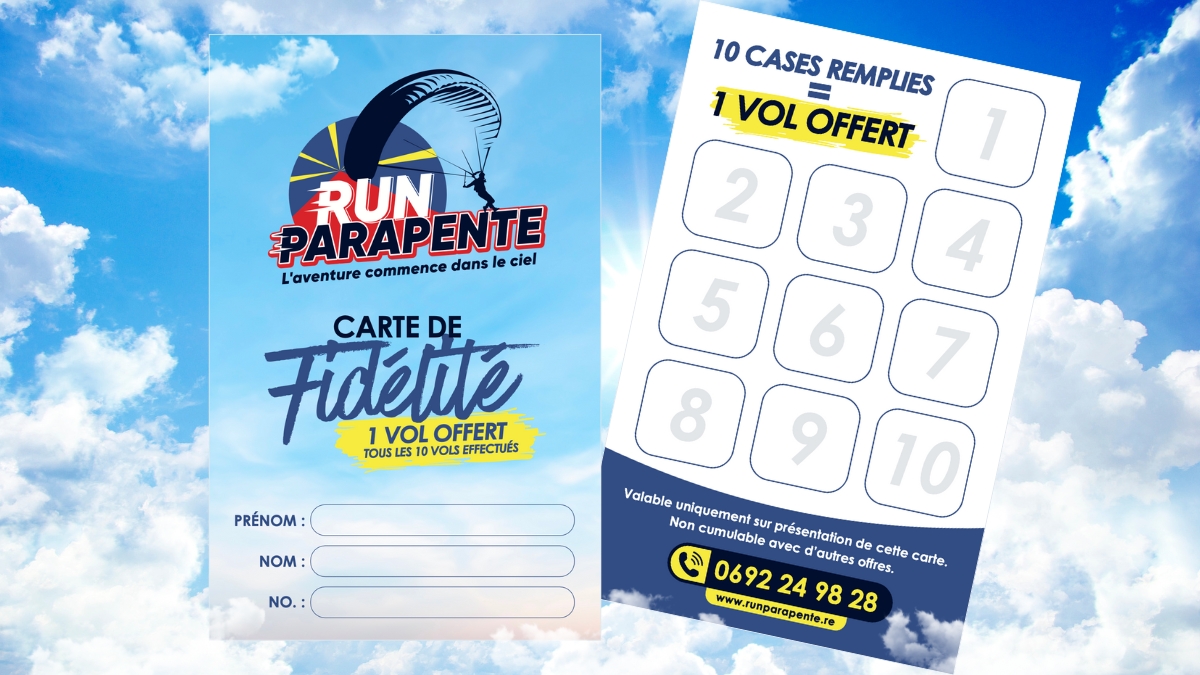 Carte fidélité RunParapente pour découvrir La Réunion en parapente et profiter d’un vol gratuit après 10 expériences inoubliables.